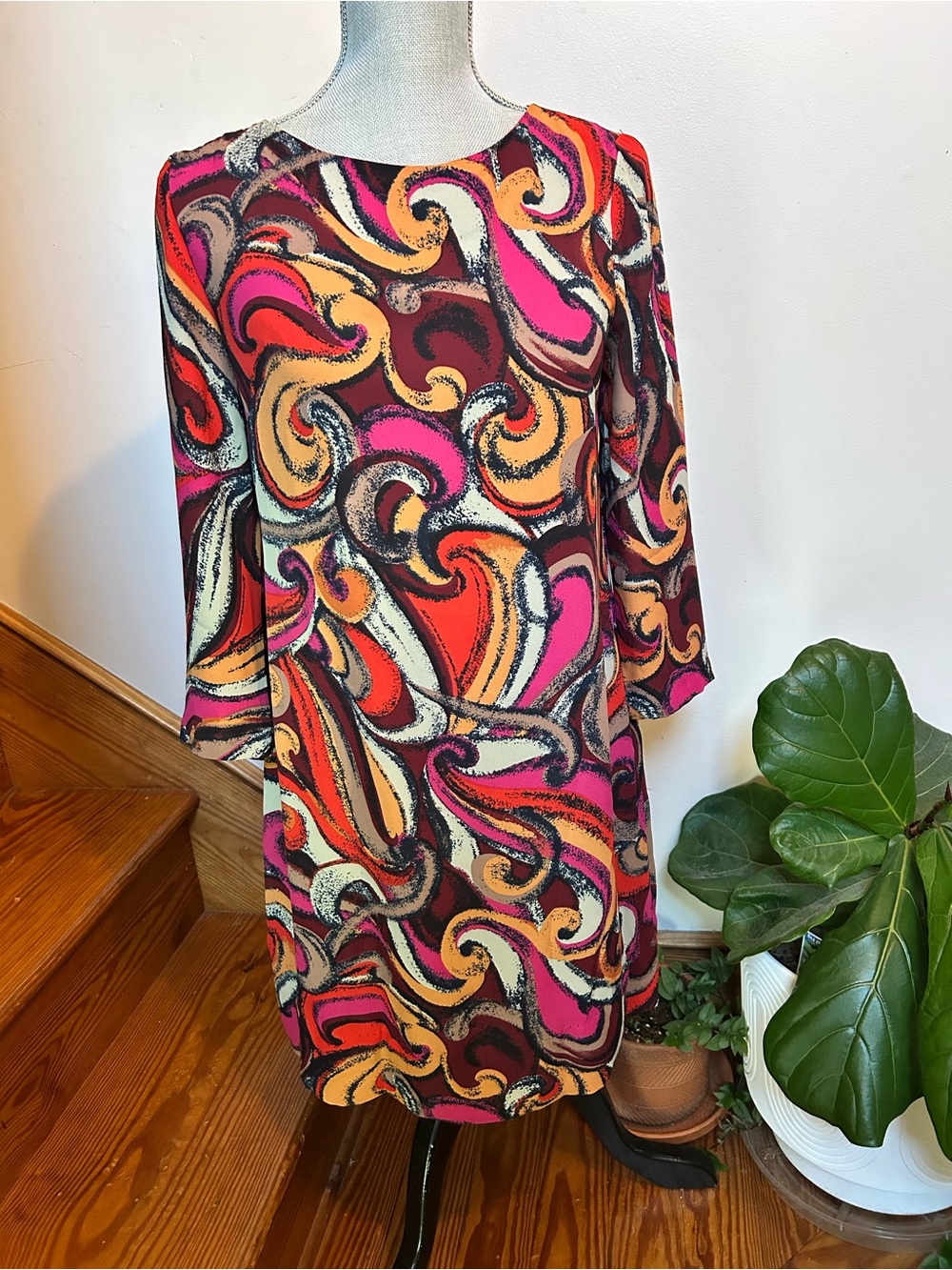 Anthropologie Mauve Vibrant Swirl Print Shift Dress in Pink, Orange & Burgundy